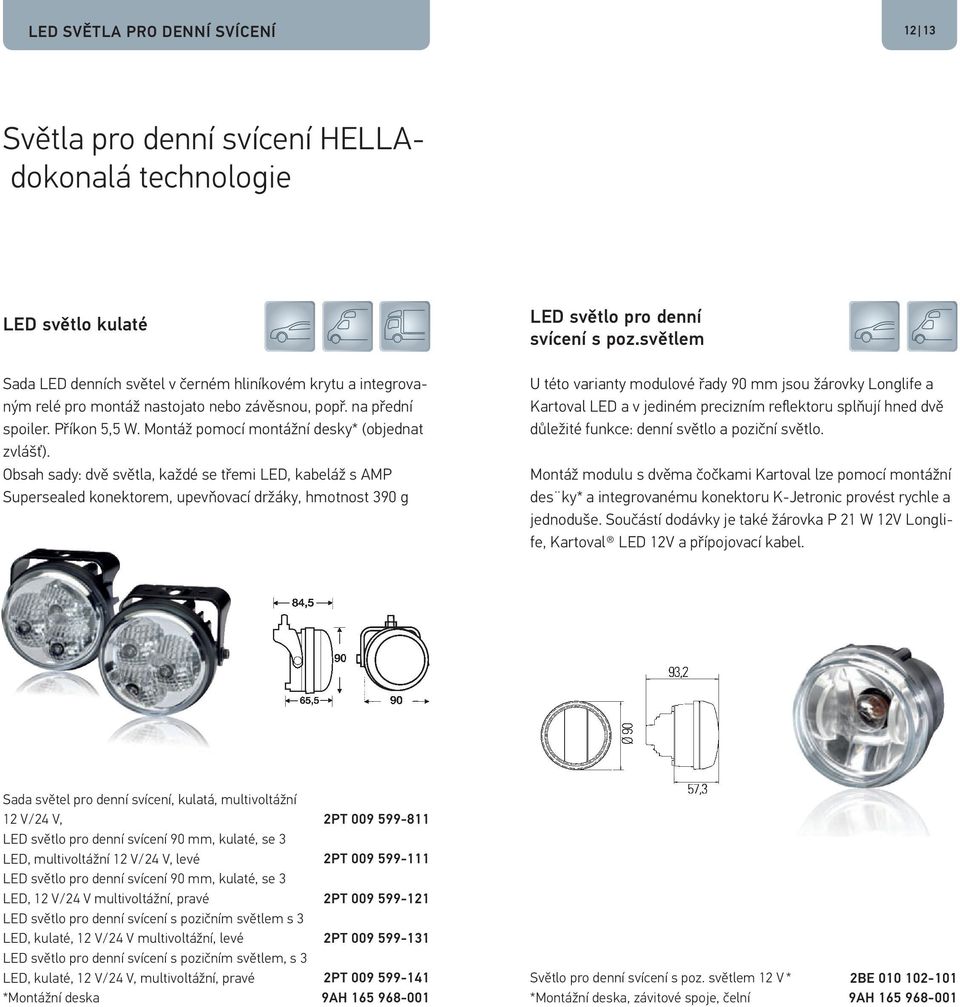 Obsah sady: dvě světla, každé se třemi LED, kabeláž s AMP Supersealed konektorem, upevňovací držáky, hmotnost 390 g LED světlo pro denní svícení s poz.