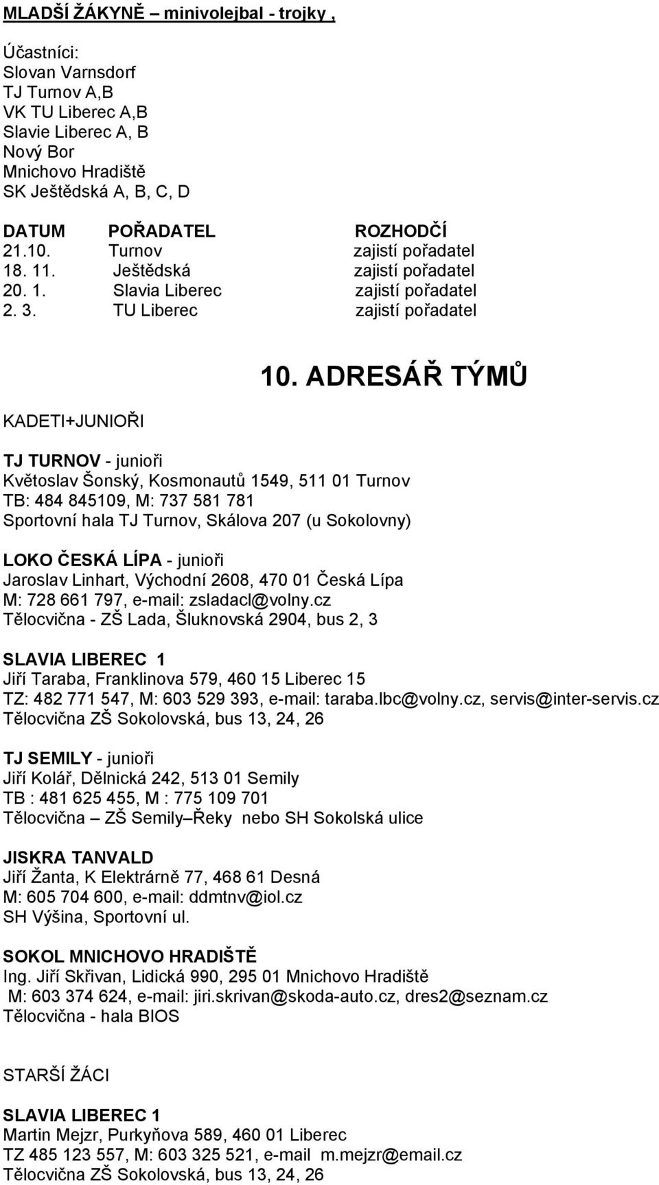 ADRESÁŘ TÝMŮ TJ TURNOV - junioři Květoslav Šonský, Kosmonautů 1549, 511 01 Turnov TB: 484 845109, M: 737 581 781 Sportovní hala TJ Turnov, Skálova 207 (u Sokolovny) LOKO ČESKÁ LÍPA - junioři Jaroslav