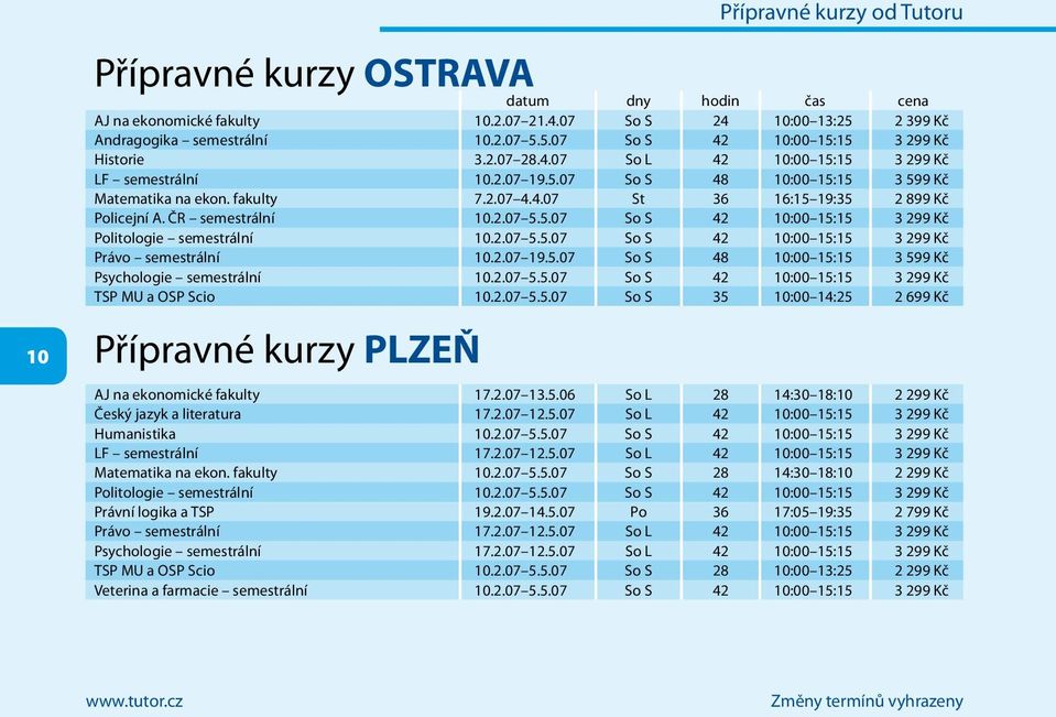 ČR semestrální 10.2.07 5.5.07 So S 42 10:00 15:15 3 299 Kč Politologie semestrální 10.2.07 5.5.07 So S 42 10:00 15:15 3 299 Kč Právo semestrální 10.2.07 19.5.07 So S 48 10:00 15:15 3 599 Kč Psychologie semestrální 10.