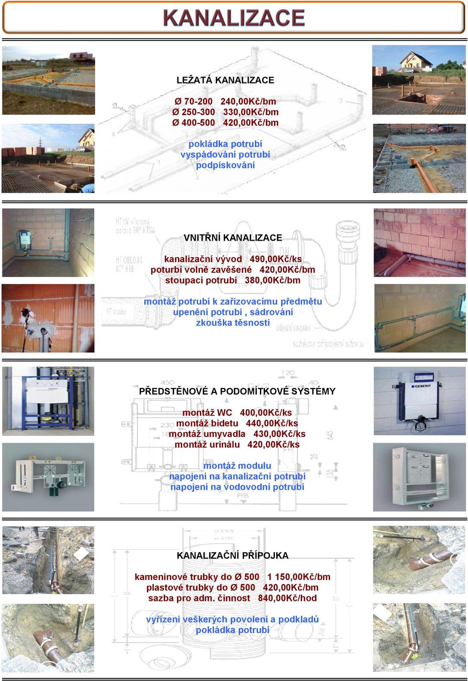 montáţ WC 400,00Kč/ks montáţ bidetu 440,00Kč/ks montáţ umyvadla 430,00Kč/ks montáţ urinálu 420,00Kč/ks montáţ modulu napojení na kanalizační potrubí napojení na vodovodní potrubí