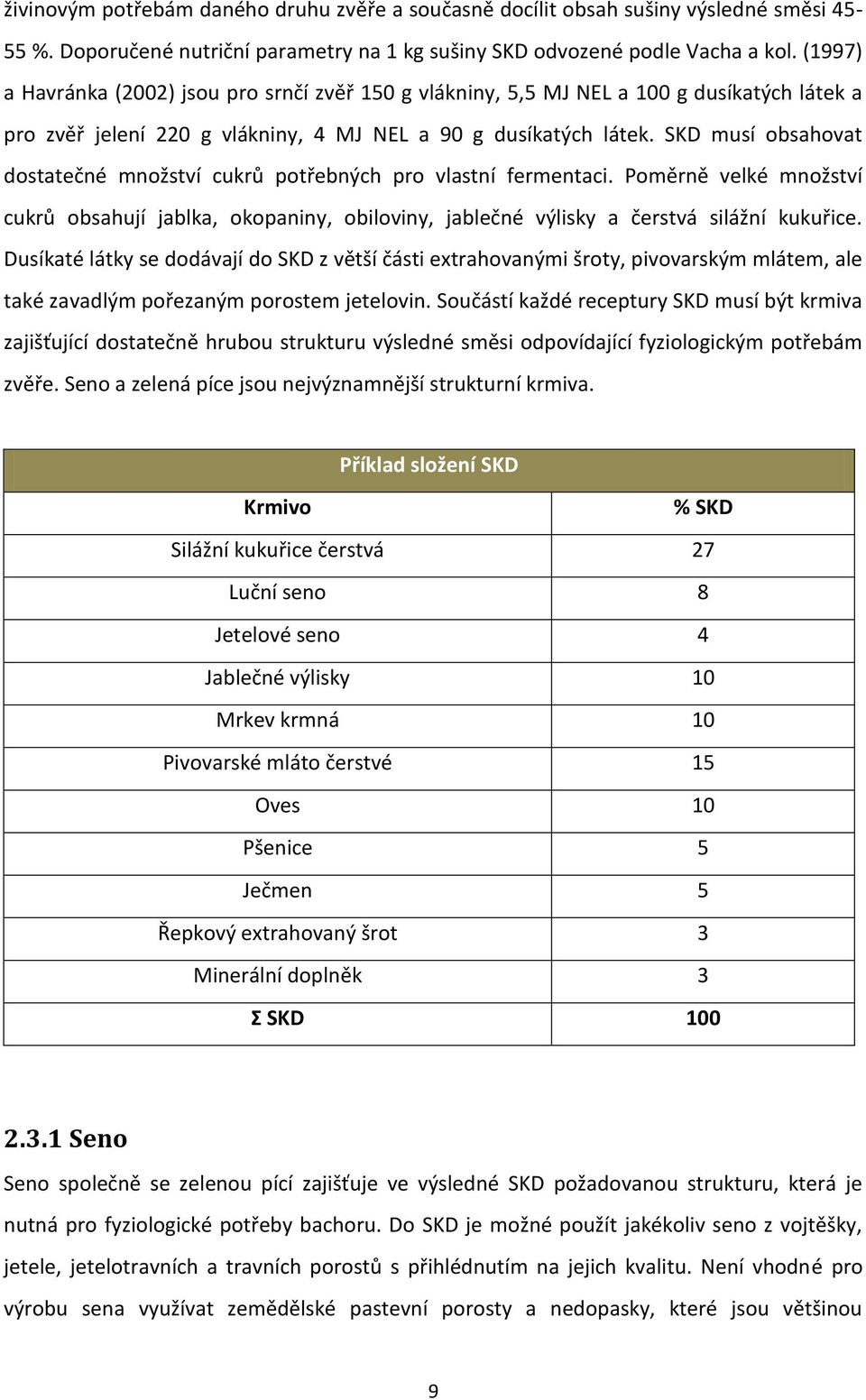 SKD musí obsahovat dostatečné množství cukrů potřebných pro vlastní fermentaci. Poměrně velké množství cukrů obsahují jablka, okopaniny, obiloviny, jablečné výlisky a čerstvá silážní kukuřice.