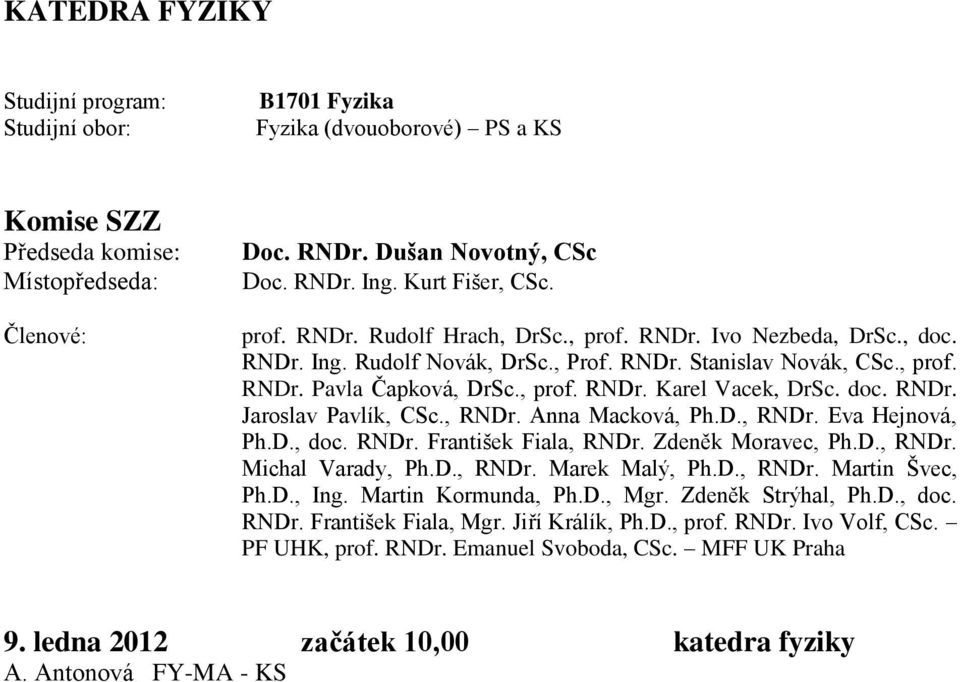 Zdeněk Moravec, Ph.D., RNDr. Michal Varady, Ph.D., RNDr. Marek Malý, Ph.D., RNDr. Martin Švec, Ph.D., Ing. Martin Kormunda, Ph.D., Mgr. Zdeněk Strýhal, Ph.D., doc. RNDr. František Fiala, Mgr.