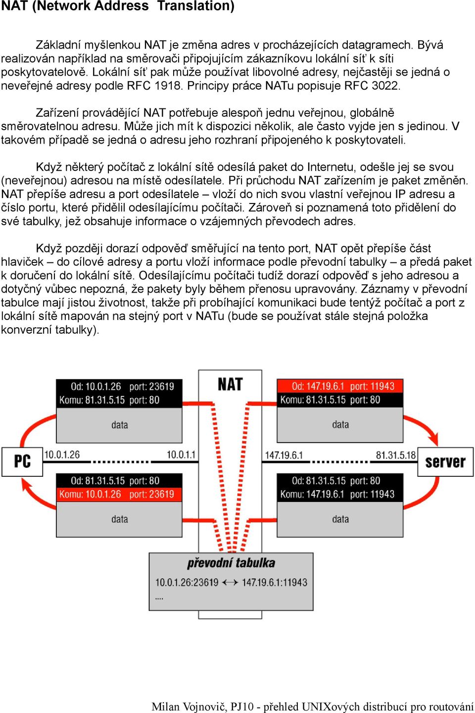 Lokální síť pak může používat libovolné adresy, nejčastěji se jedná o neveřejné adresy podle RFC 1918. Principy práce NATu popisuje RFC 3022.