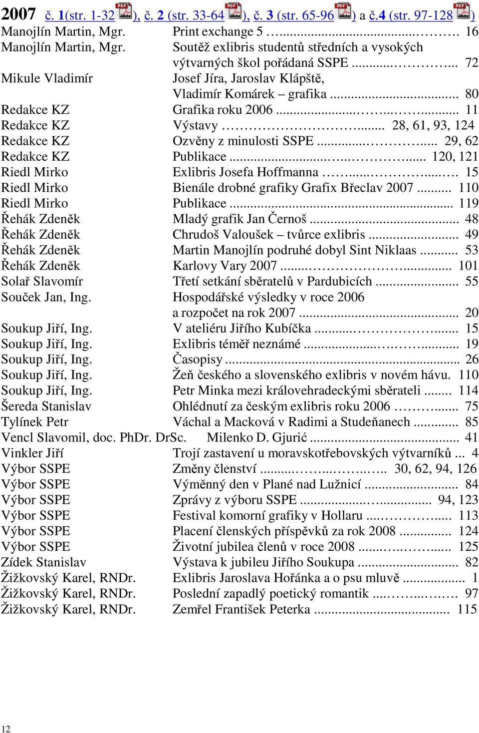 ........ 11 Redakce KZ Výstavy... 28, 61, 93, 124 Redakce KZ Ozvěny z minulosti SSPE...... 29, 62 Redakce KZ Publikace......... 120, 121 Riedl Mirko Exlibris Josefa Hoffmanna.