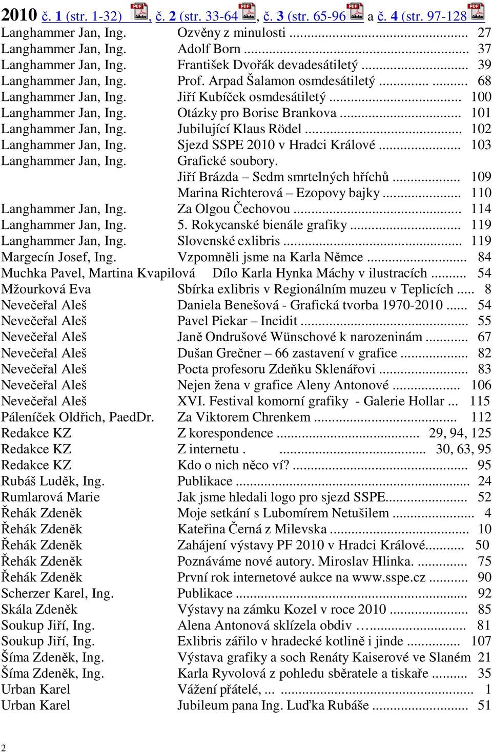 Otázky pro Borise Brankova... 101 Langhammer Jan, Ing. Jubilující Klaus Rödel... 102 Langhammer Jan, Ing. Sjezd SSPE 2010 v Hradci Králové... 103 Langhammer Jan, Ing. Grafické soubory.