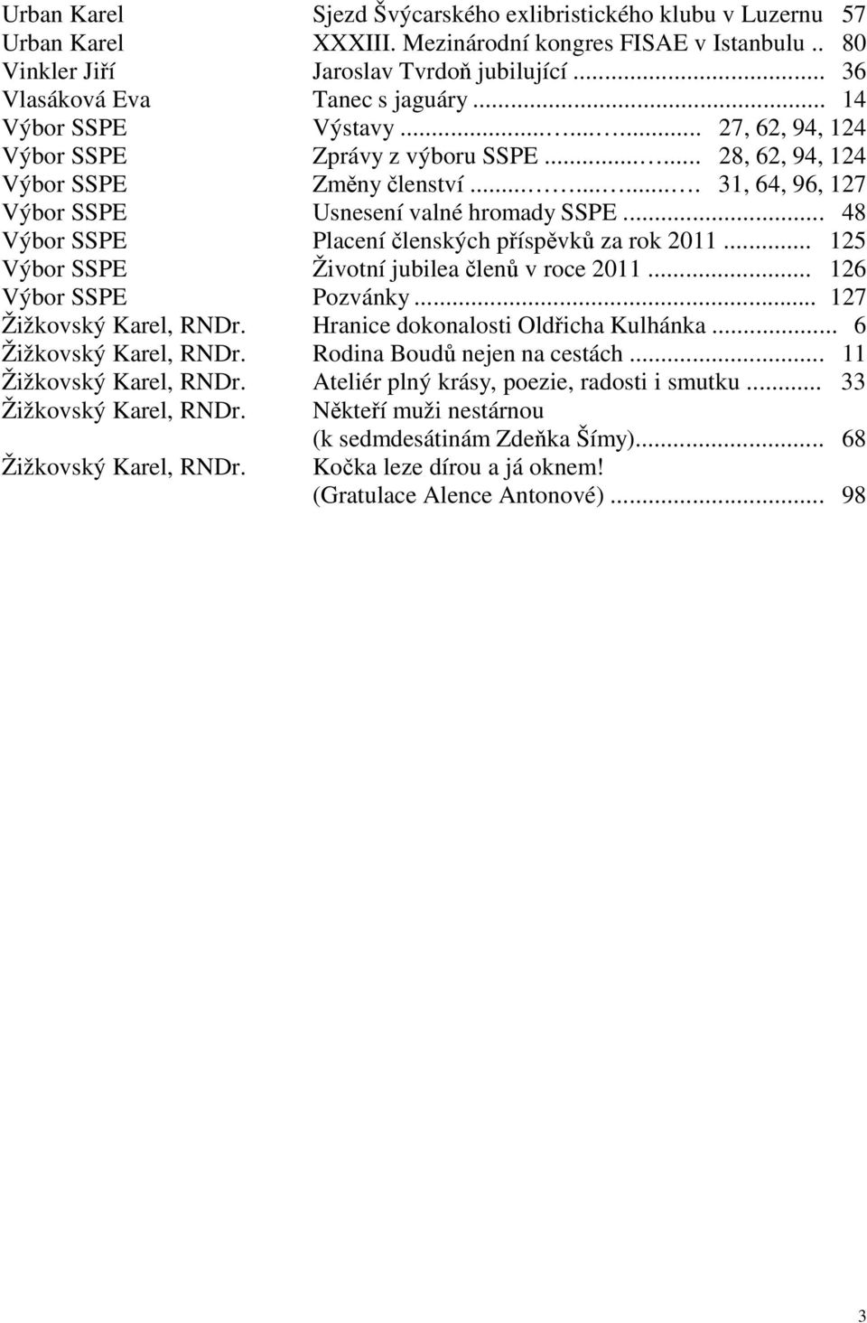 ......... 31, 64, 96, 127 Výbor SSPE Usnesení valné hromady SSPE... 48 Výbor SSPE Placení členských příspěvků za rok 2011... 125 Výbor SSPE Životní jubilea členů v roce 2011... 126 Výbor SSPE Pozvánky.