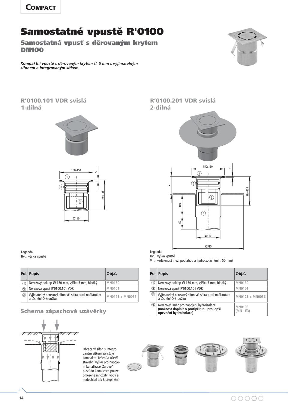 0 mm) ➀ ➁ Nerezový poklop Ø 0 mm, výška mm, hladký MN00 Nerezová vpusť R'000.0 VDR MN00 ➂ Vyjímatelný nerezový sifon vč.
