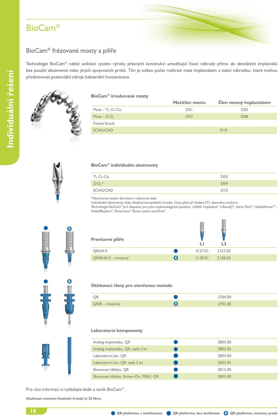 BioCam šroubované mosty Mezičlen mostu Člen nesený implantátem Most Ti, Cr-Co D01 D02 Most ZrO 2 D07 D08 Fixační šroub SCAN/CAD D10 BioCam individuální abutmenty Ti, Cr-Co ZrO 2 * SCAN/CAD D03 D04