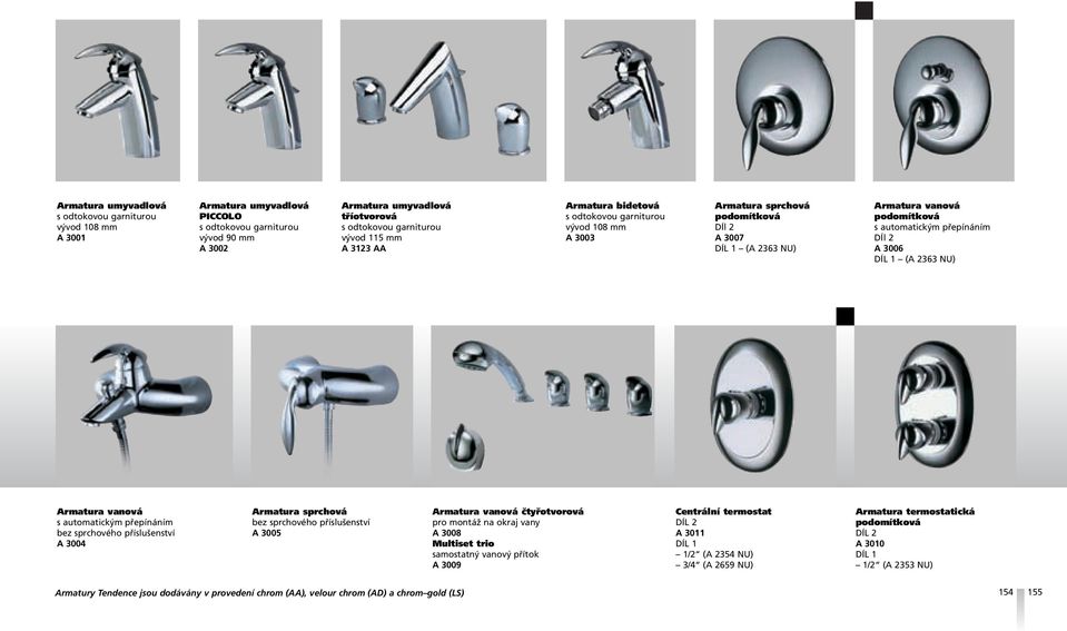 3005 čtyřotvorová pro montáž na okraj vany A 3008 Multiset trio samostatný vanový přítok A 3009 Centrální termostat A 3011 DÍL 1 1/2 (A 2354 NU) 3/4 (A