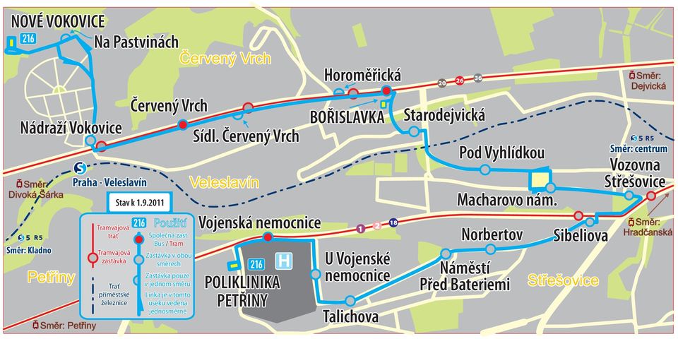 Bus / Tram Zastávka v obou směrech Zastávka pouze v jednom směru Linka je v tomto úseku vedena jednosměrně Červený Vrch Sídl.