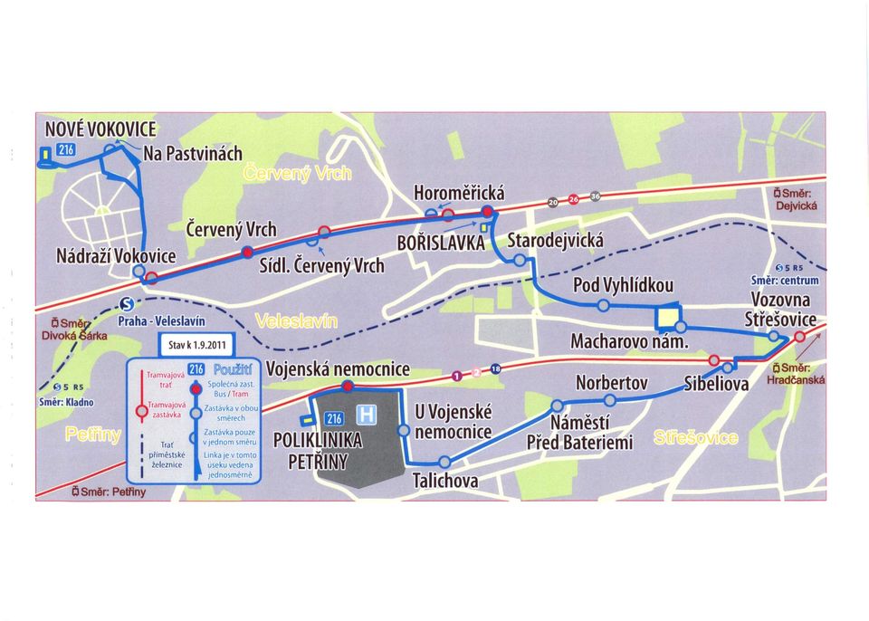 ft - -==--- Bus/Tram Směr: Kladno Tramvajová Z' k b zastávka I Trať příměstské i železnice astav a v o ou směrech Zastávka pouze v