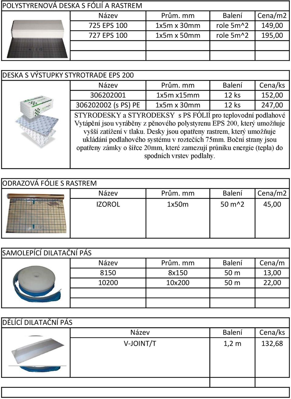 30mm 12 ks 247,00 STYRODESKY a STYRODEKSY s PS FÓLIÍ pro teplovodní podlahové Vytápění jsou vyráběny z pěnového polystyrenu EPS 200, který umožňuje vyšší zatížení v tlaku.