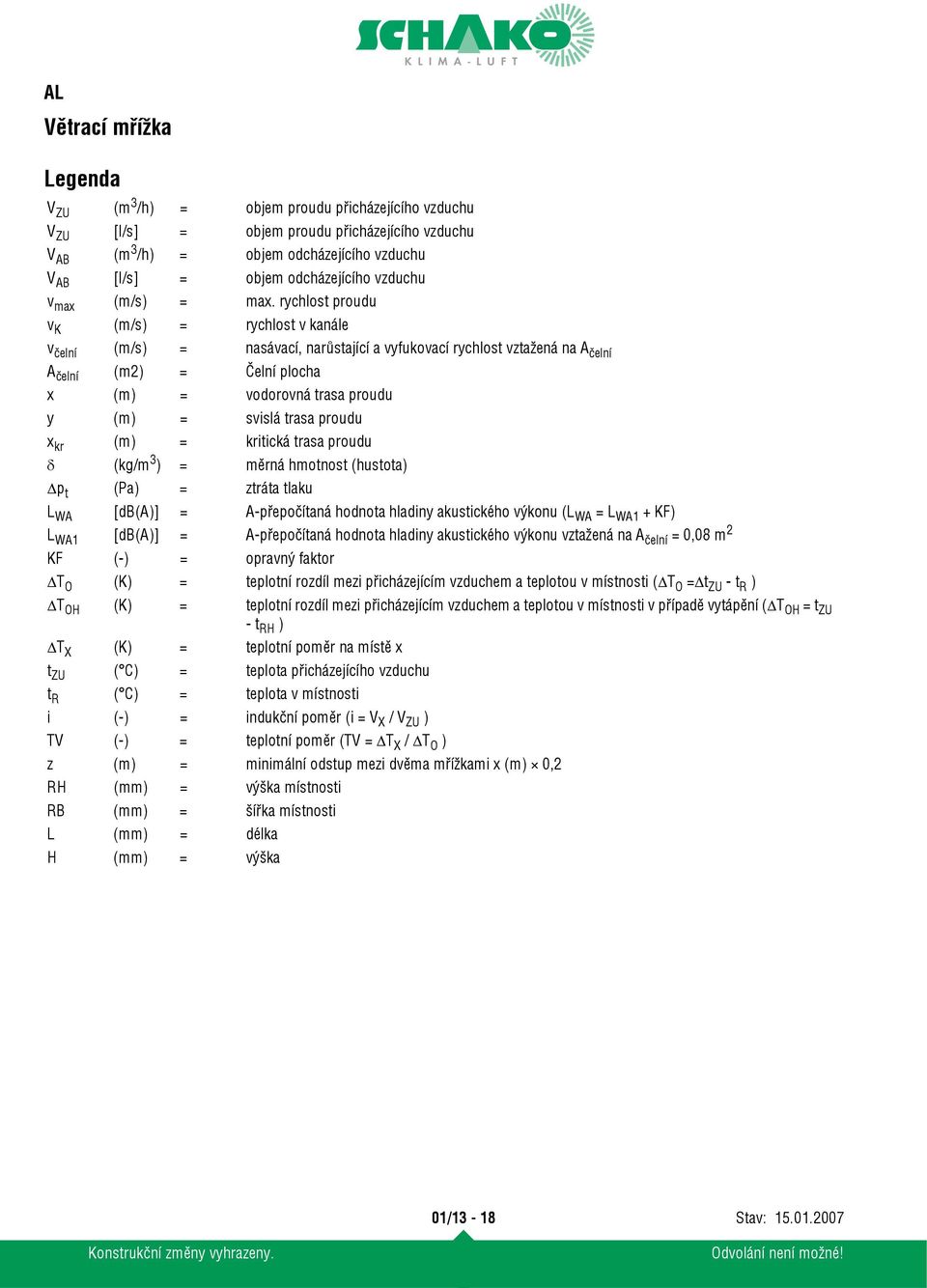 rychlost proudu v K (m/s) = rychlost v kanále v čelní (m/s) = nasávací, narůstající a vyfukovací rychlost vztažená na A čelní A čelní (m2) = Čelní plocha x (m) = vodorovná trasa proudu y (m) = svislá