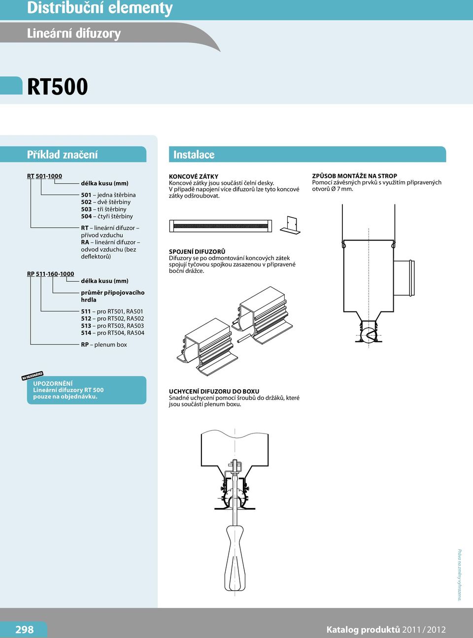RP 511-160-1000 RT lineární difuzor přívod vzduchu RA lineární difuzor odvod vzduchu (bez deflektorů) délka kusu (mm) spojení difuzorů Difuzory se po odmontování koncových zátek spojují tyčovou