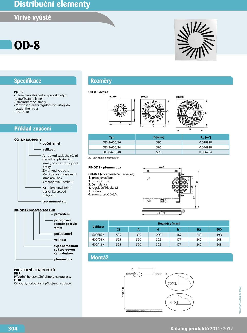 rozptylovou deskou) K1 čtvercová čelní deska, čtvercové uchycení typ anemostatu PB-OD8K1/600/16-200 PHR provedení připojovací rozměr potrubí v mm počet lamel velikost typ anemostatu se čtvercovou