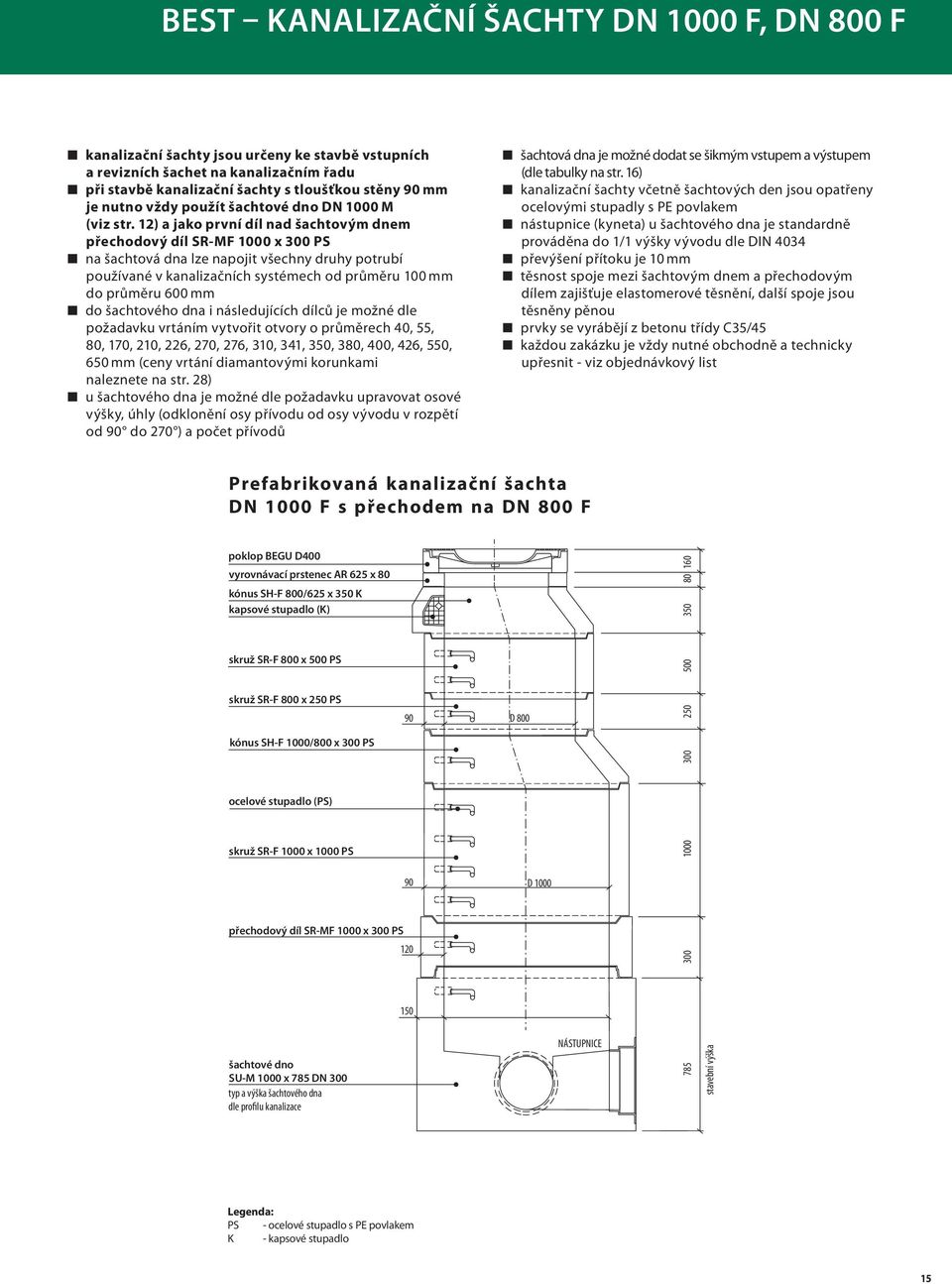 12) a jako první díl nad šachtovým dnem přechodový díl SRMF 1000 x 300 PS na šachtová dna lze napojit všechny druhy potrubí používané v kanalizačních systémech od průměru 100 mm do průměru 600 mm do