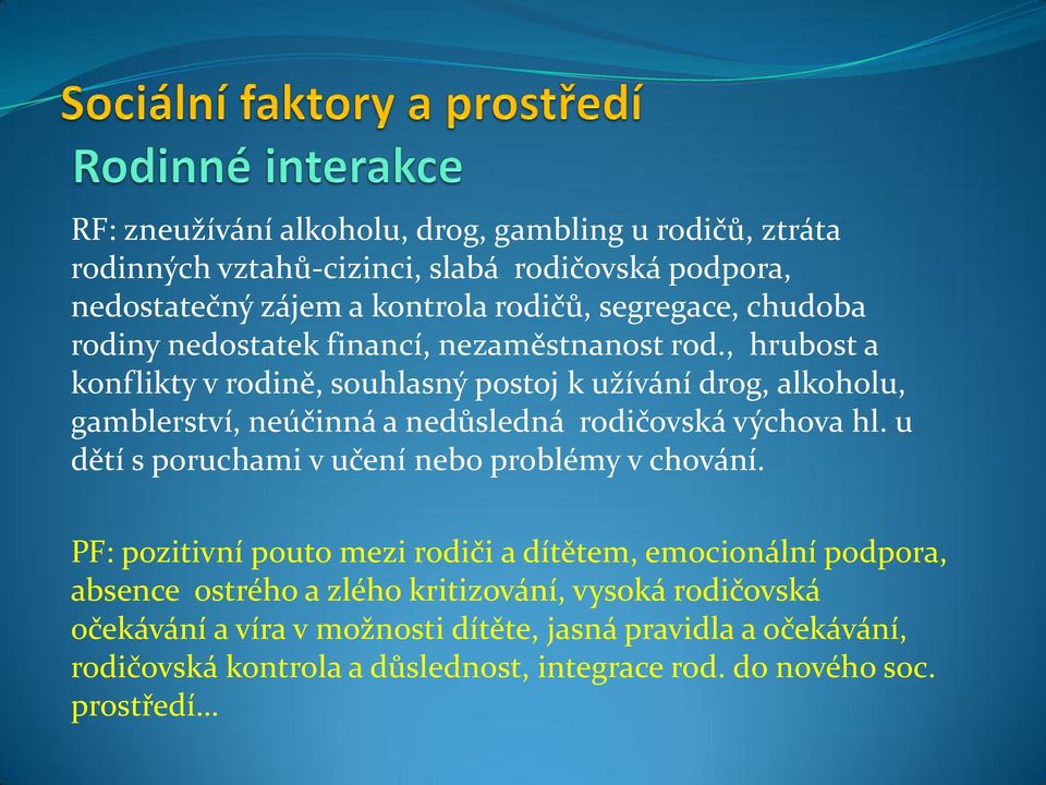 , hrubost a konflikty v rodině, souhlasný postoj k užívání drog, alkoholu, gamblerství, neúčinná a nedůsledná rodičovská výchova hl.