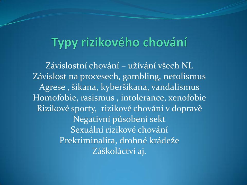 intolerance, xenofobie Rizikové sporty, rizikové chování v dopravě Negativní