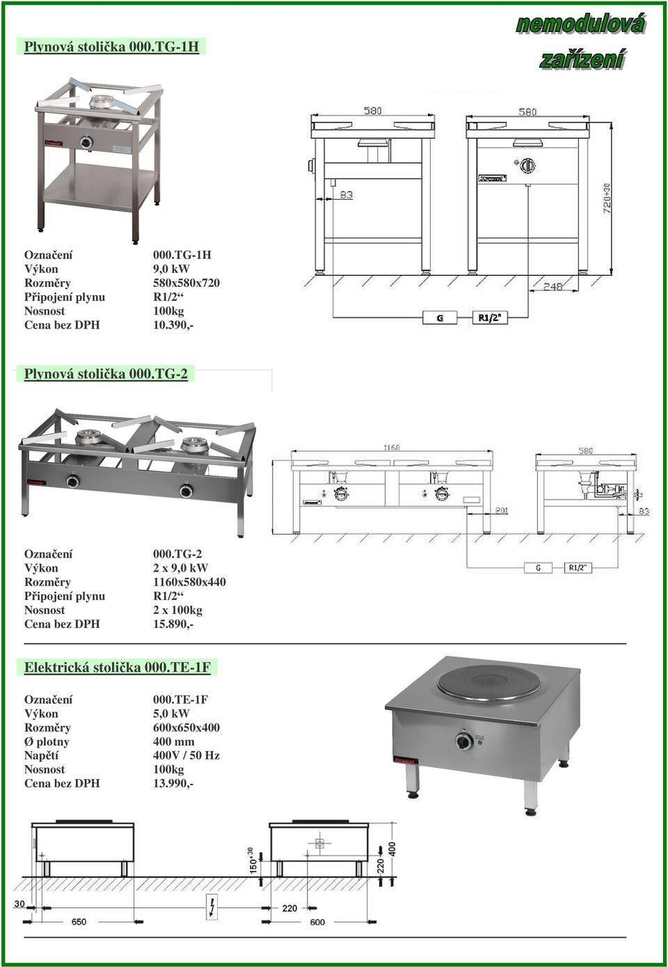 TG-2 Připojení plynu 000.TG-2 2 x 9,0 kw 1160x580x440 R1/2 2 x 15.