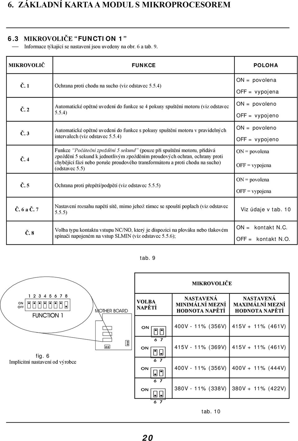 5.4) Funkce Počáteční zpoždění 5 sekund (pouze při spuštění motoru, přidává zpoždění 5 sekund k jednotlivým zpožděním proudových ochran, ochrany proti chybějící fázi nebo poruše proudového