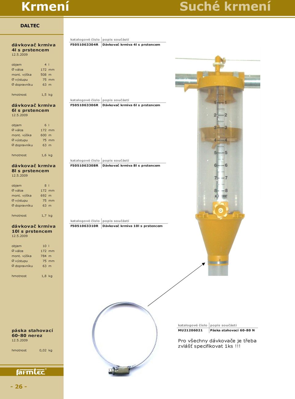 600 m Ø výstupu 75 mm Ø dopravníku 63 m 1,6 kg dávkovač krmiva 8l s prstencem F5051063308R Dávkovač krmiva 8l s prstencem objem 8 l Ø válce 172 mm mont.