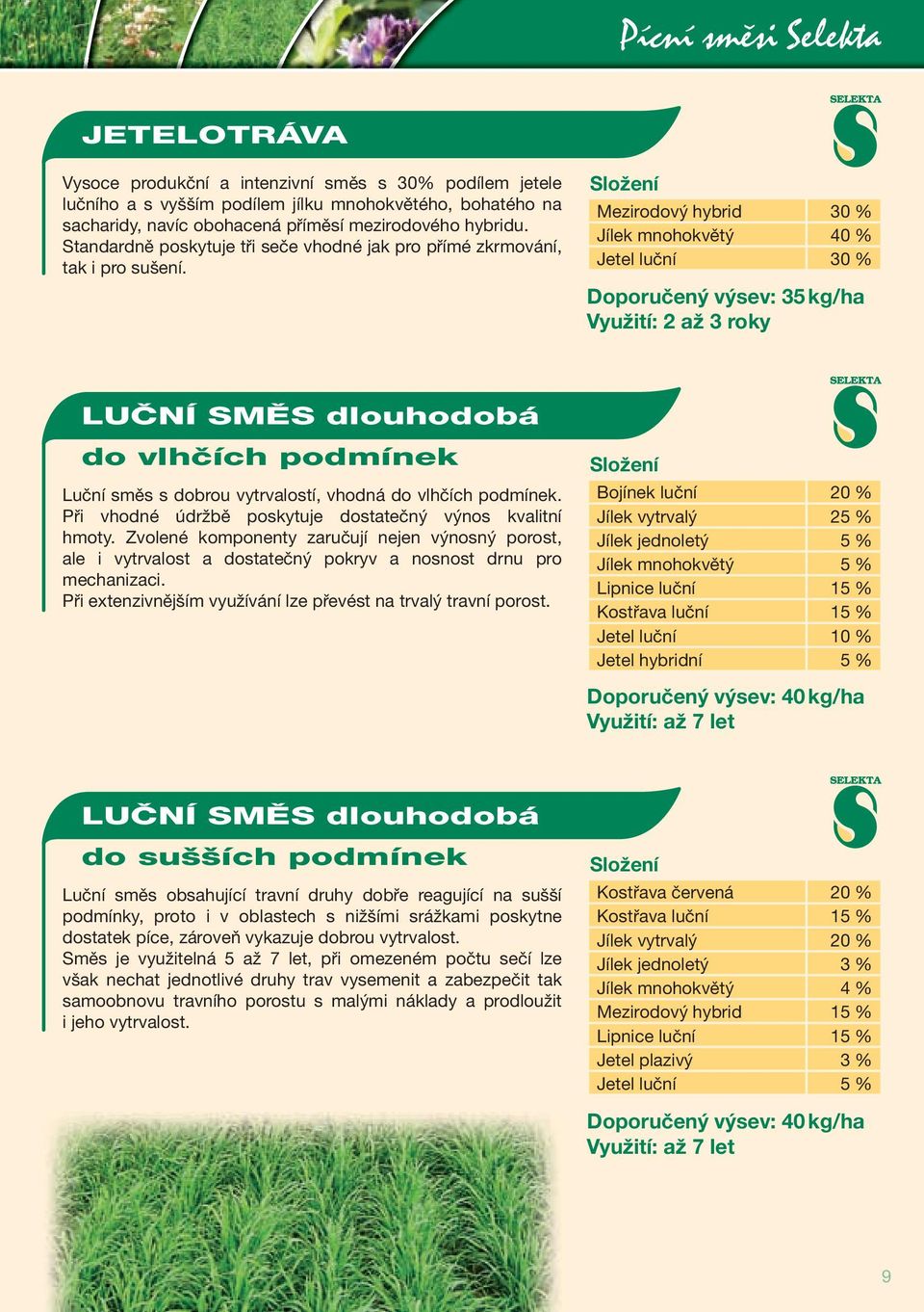 Složení Mezirodový hybrid 30 % Jílek mnohokvětý 40 % Jetel luční 30 % Doporučený výsev: 35 kg/ha Využití: 2 až 3 roky LUČNÍ SMĚS dlouhodobá do vlhčích podmínek Luční směs s dobrou vytrvalostí, vhodná