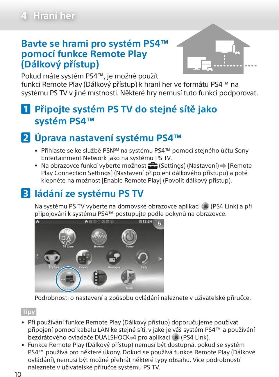 Připojte systém PS TV do stejné sítě jako systém PS4 Úprava nastavení systému PS4 Přihlaste se ke službě PSN SM na systému PS4 pomocí stejného účtu Sony Entertainment Network jako na systému PS TV.