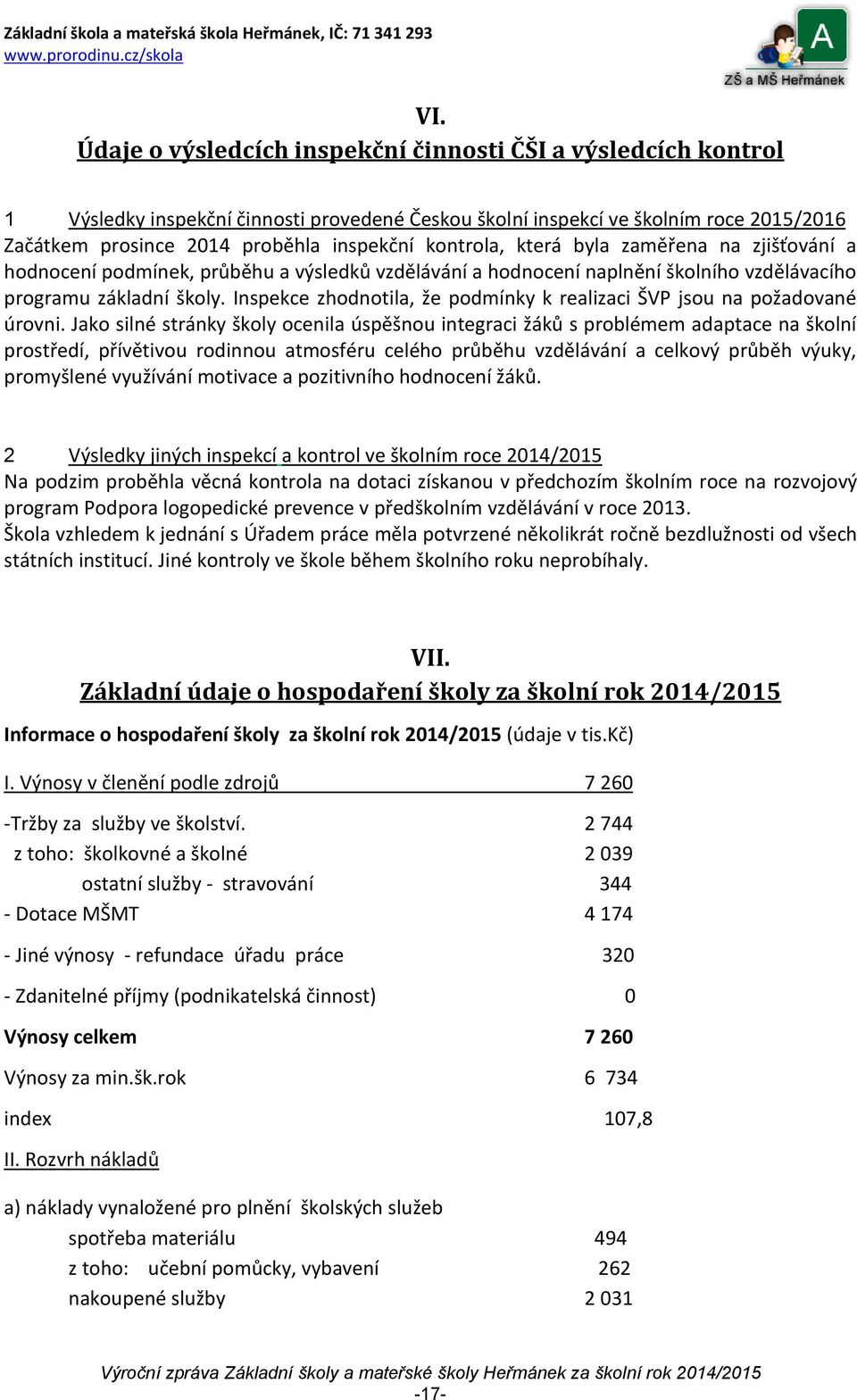 Inspekce zhodnotila, že podmínky k realizaci ŠVP jsou na požadované úrovni.