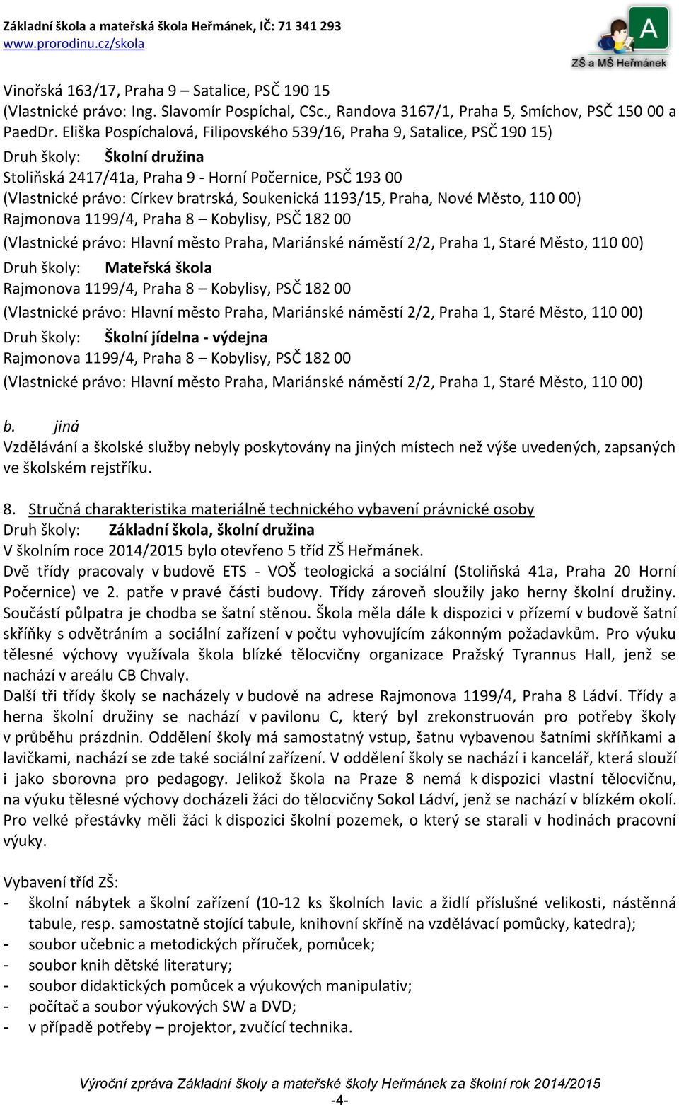 93/5, Praha, Nové Město, 0 00) Rajmonova 99/4, Praha 8 Kobylisy, PSČ 82 00 (Vlastnické právo: Hlavní město Praha, Mariánské náměstí 2/2, Praha, Staré Město, 0 00) Druh školy: Mateřská škola Rajmonova