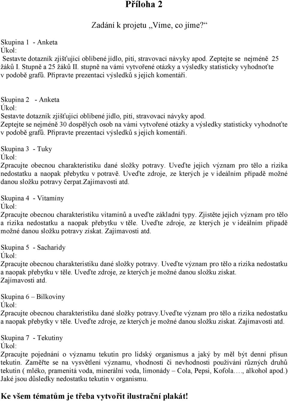 Skupina 2 - Anketa Úkol: Sestavte dotazník zjišťující oblíbené jídlo, pití, stravovací návyky apod.