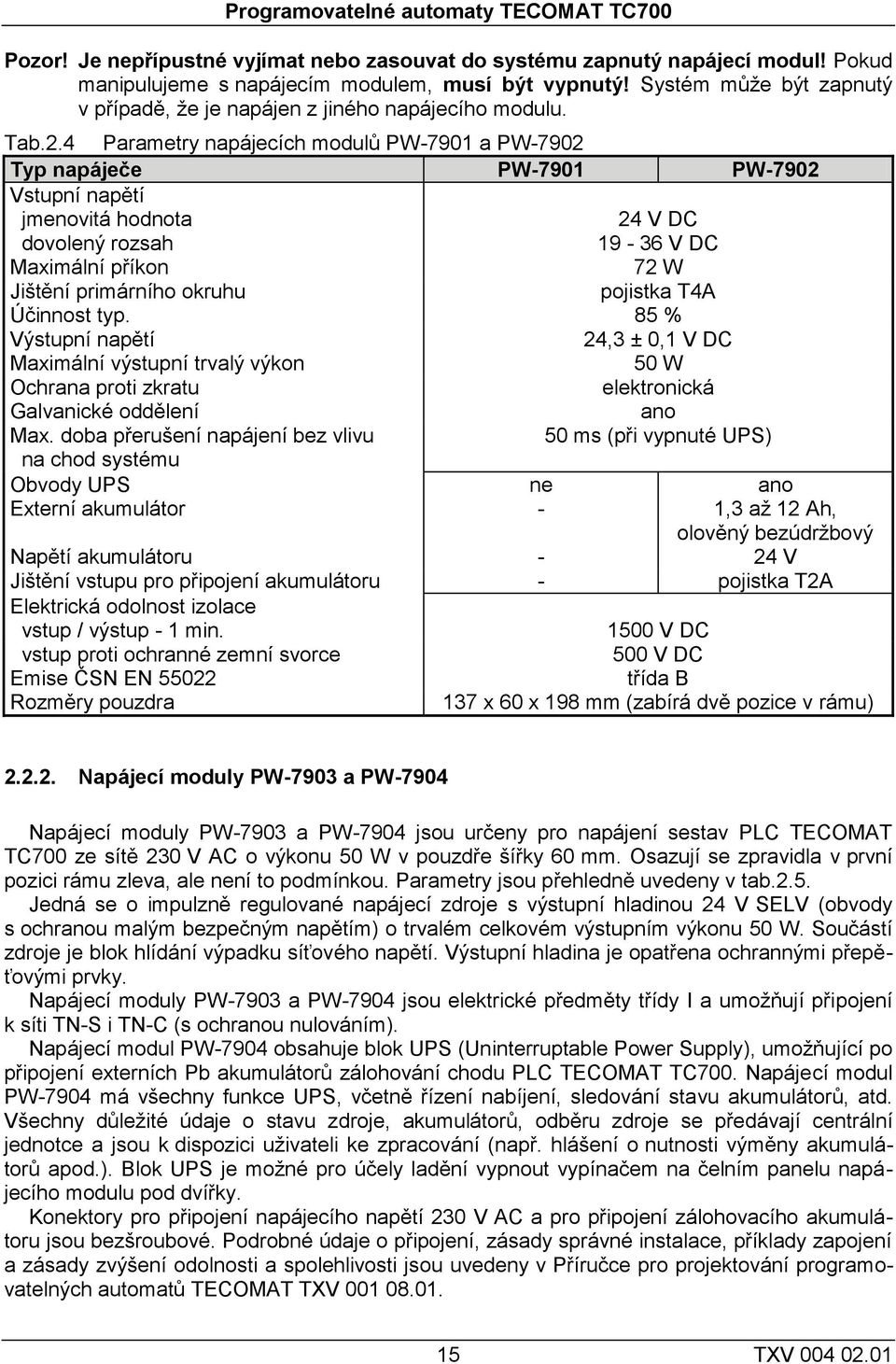 4 Parametry napájecích modulů PW-7901 a PW-7902 Typ napáječe PW-7901 PW-7902 Vstupní napětí jmenovitá hodnota dovolený rozsah 24 V DC 19-36 V DC Maximální příkon 72 W Jištění primárního okruhu