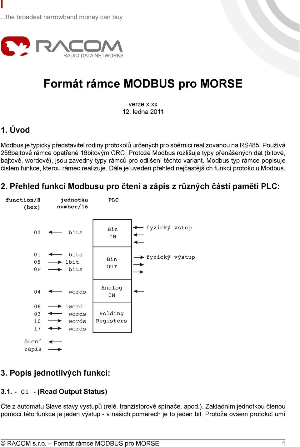 Dále je uveden přehled nejčastějších funkcí protokolu Modbus. 2.