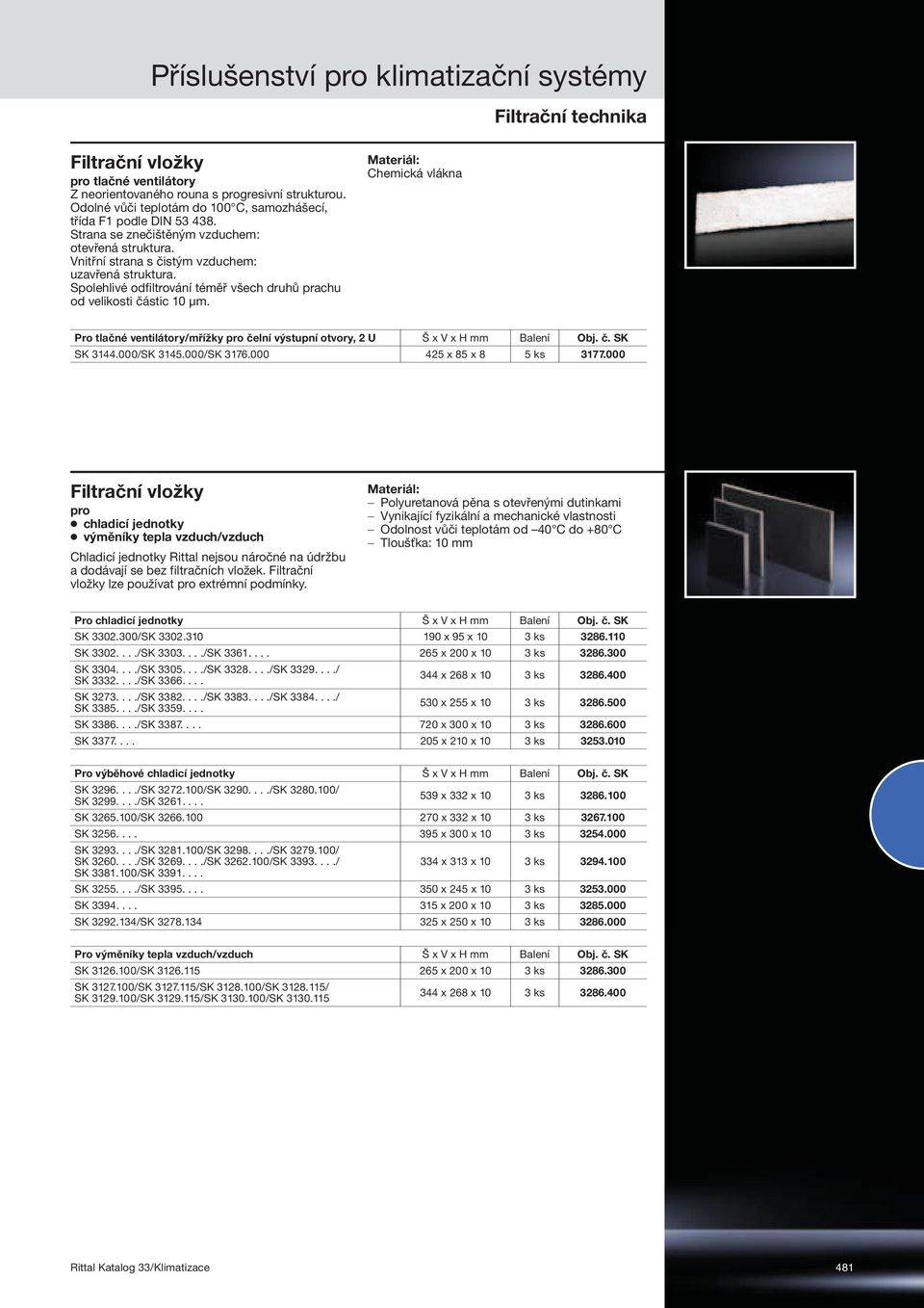 Chemická vlákna Pro tlačné ventilátory/mřížky pro čelní výstupní otvory, 2 U Š x V x H SK 3144.000/SK 3145.000/SK 3176.000 425 x 85 x 8 5 ks 3177.