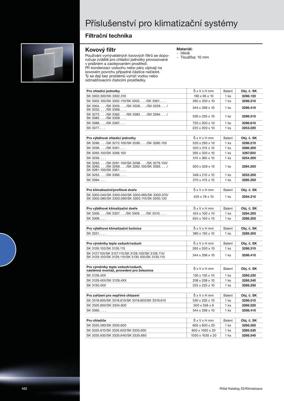 Hliník Tloušťka: 10 Pro chladicí jednotky Š x V x H SK 3302.300/SK 3302.310 190 x 95 x 10 1 ks 3286.120 SK 3302.100/SK 3302.110/SK 3303..../SK 3361.... 265 x 200 x 10 1 ks 3286.310 SK 3304..../SK 3305.