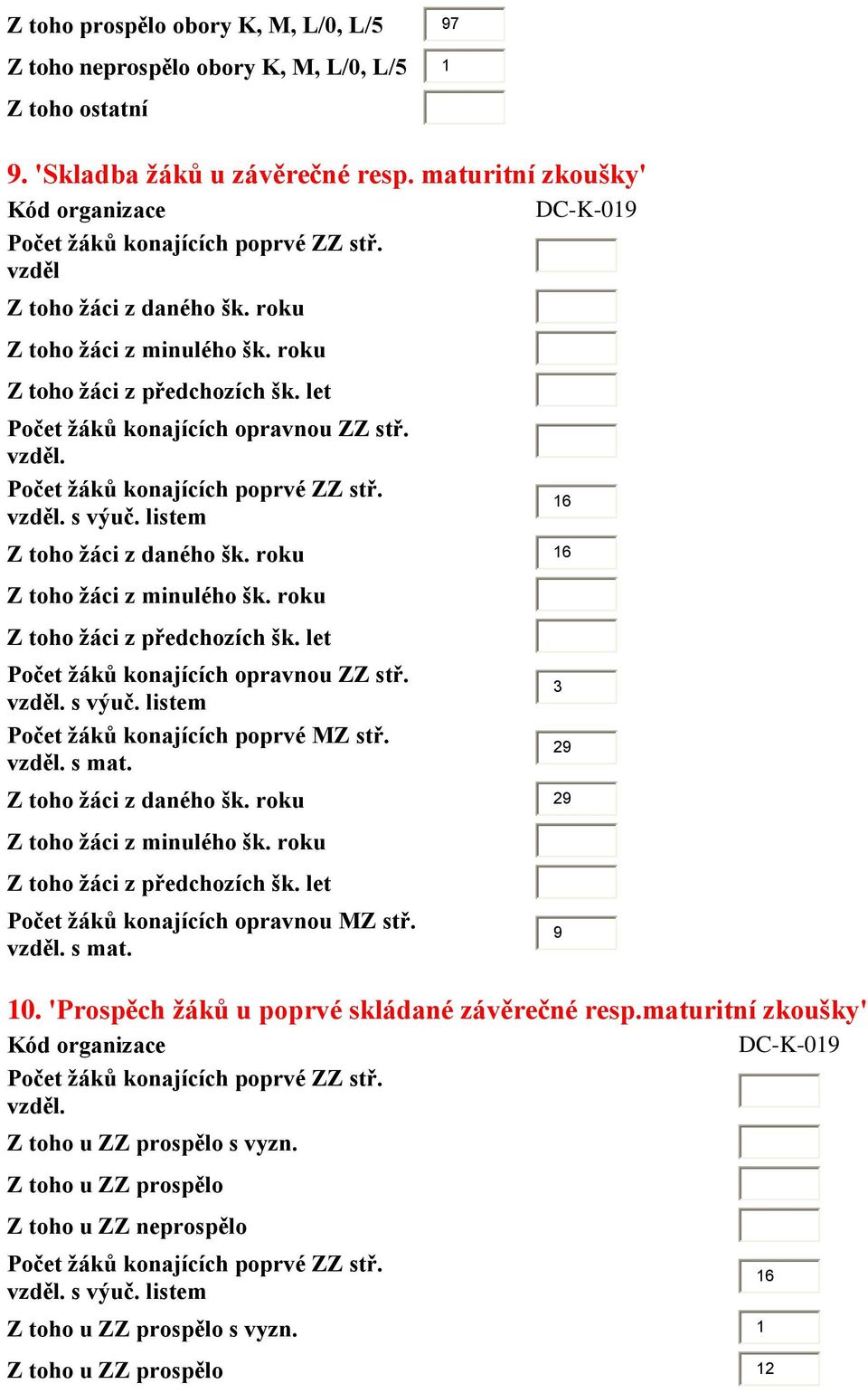 let Počet žáků konajících opravnou ZZ stř. vzděl. Počet žáků konajících poprvé ZZ stř. vzděl. s výuč. listem Z toho žáci z daného šk. roku 16 Z toho žáci z minulého šk.