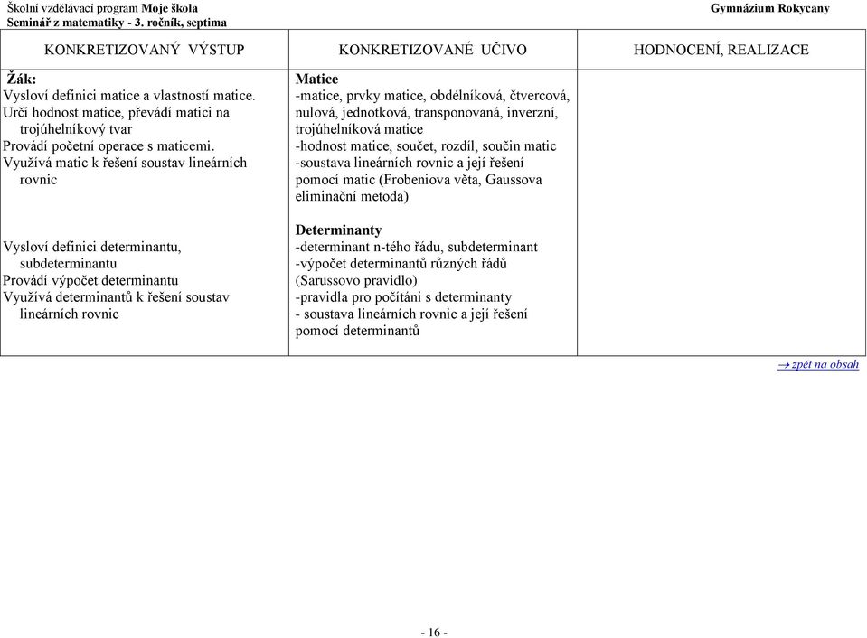 prvky matice, obdélníková, čtvercová, nulová, jednotková, transponovaná, inverzní, trojúhelníková matice -hodnost matice, součet, rozdíl, součin matic -soustava lineárních rovnic a její řešení pomocí