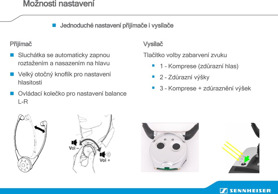 nastavení hlasitosti Ovládací kolečko pro nastavení balance L-R Vysílač Tlačítko