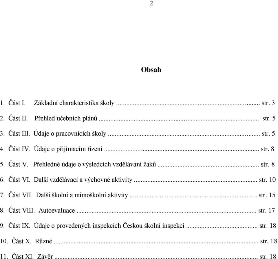 .. str. 8 6. Část VI. Další vzdělávací a výchovné aktivity... str. 10 7. Část VII. Další školní a mimoškolní aktivity... str. 15 8.