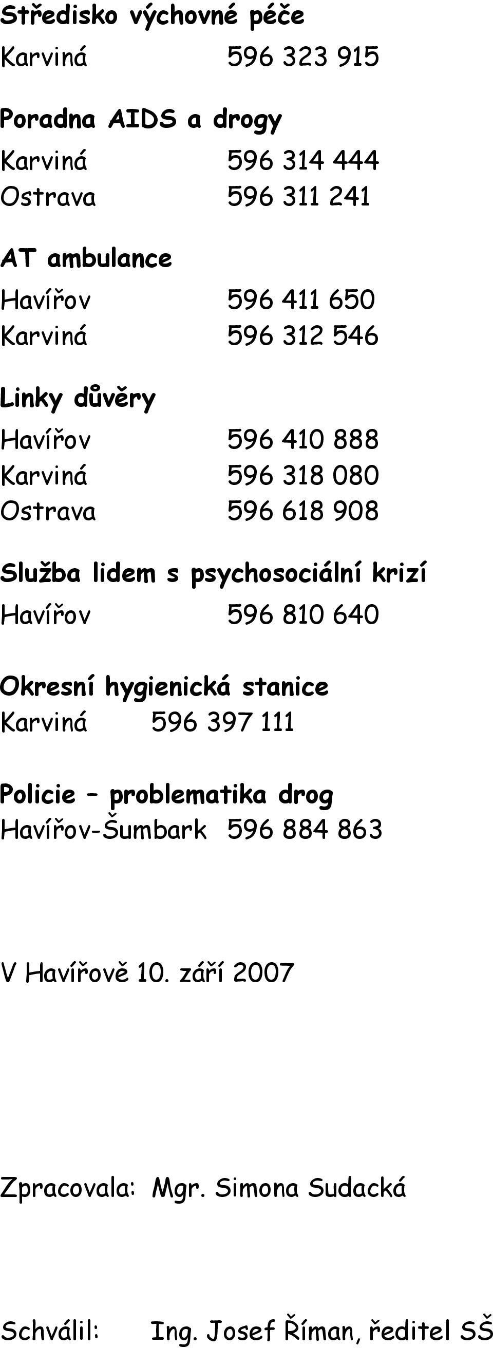 lidem s psychosociální krizí Havířov 596 810 640 Okresní hygienická stanice Karviná 596 397 111 Policie problematika