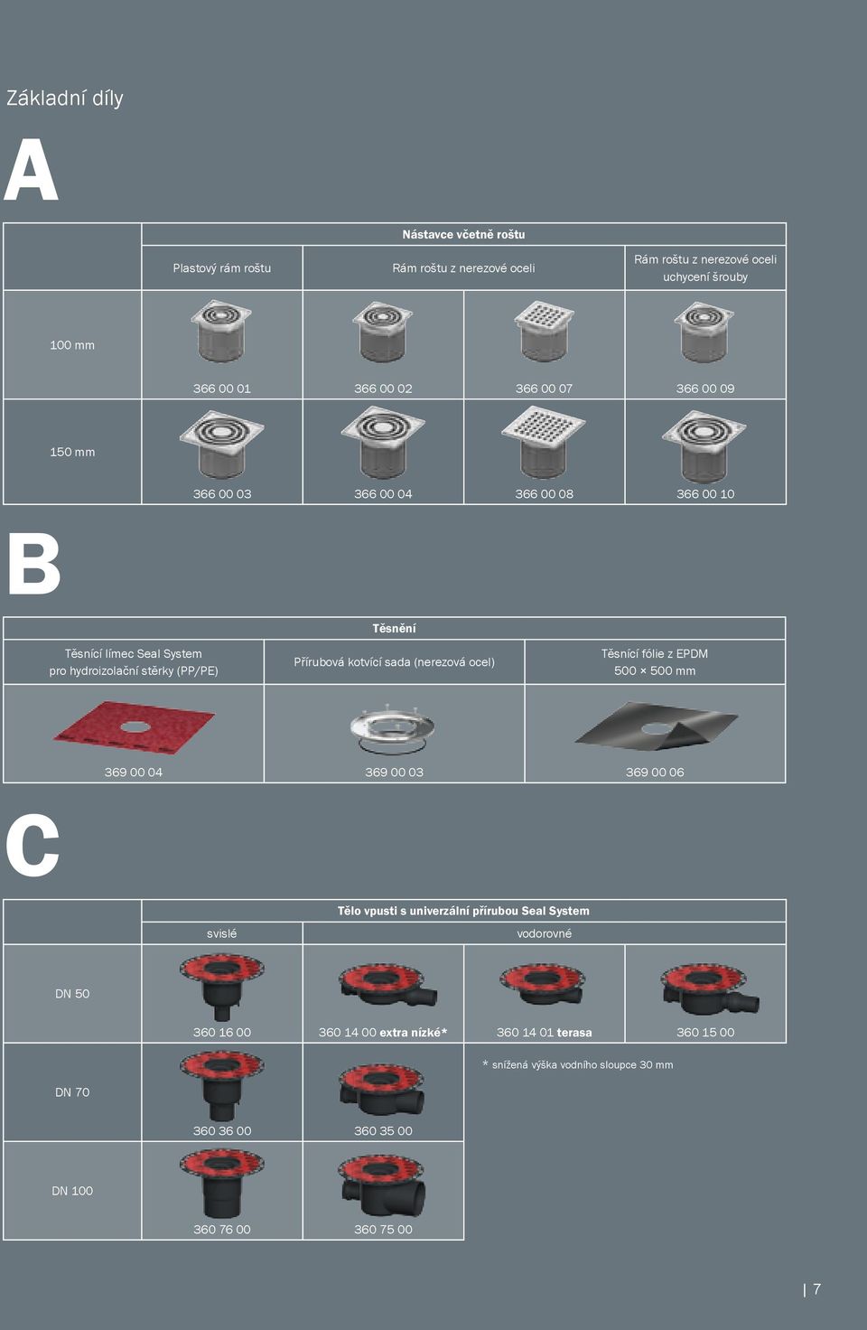 sada (nerezová ocel) Těsnící fólie z EPDM 500 500 mm 369 00 04 369 00 03 369 00 06 C svislé Tělo vpusti s univerzální přírubou Seal System vodorovné DN