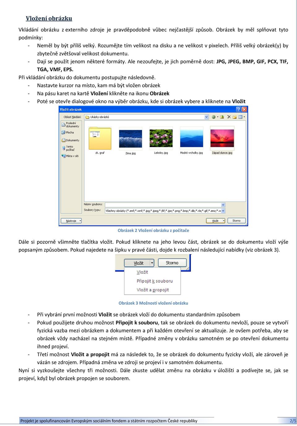 Ale nezoufejte, je jich poměrně dost: JPG, JPEG, BMP, GIF, PCX, TIF, TGA, VMF, EPS. Při vkládání obrázku do dokumentu postupujte následovně.