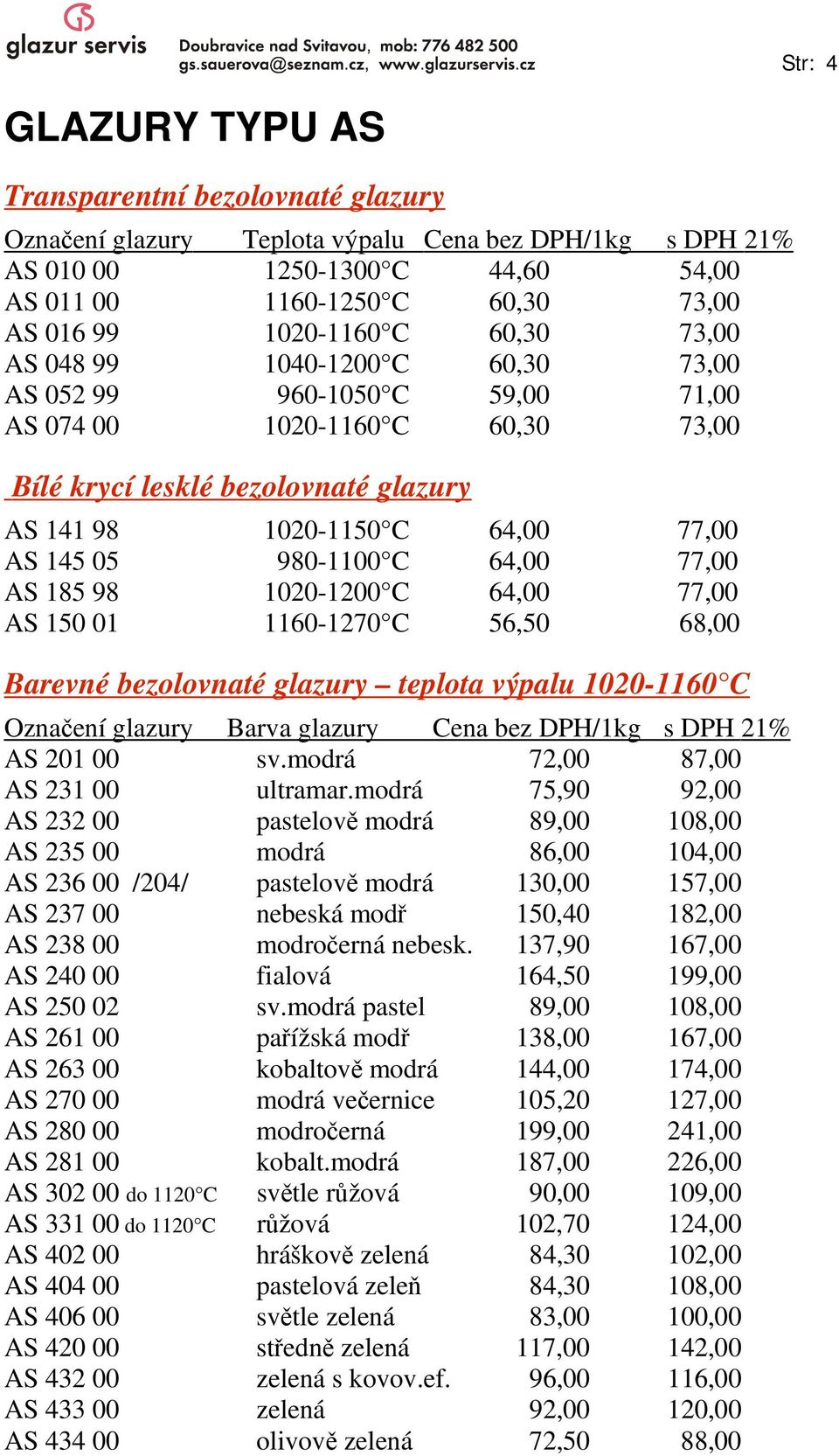 145 05 980-1100 C 64,00 77,00 AS 185 98 1020-1200 C 64,00 77,00 AS 150 01 1160-1270 C 56,50 68,00 Barevné bezolovnaté glazury teplota výpalu 1020-1160 C Označení glazury Barva glazury Cena bez