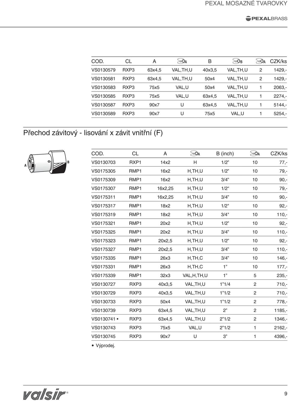 VL,TH,U 1 2274,- VS0130587 RXP3 90x7 U 63x4,5 VL,TH,U 1 5144,- VS0130589 RXP3 90x7 U 75x5 VL,U 1 5254,- Přechod závitový - lisování x závit vnitřní (F) COD.