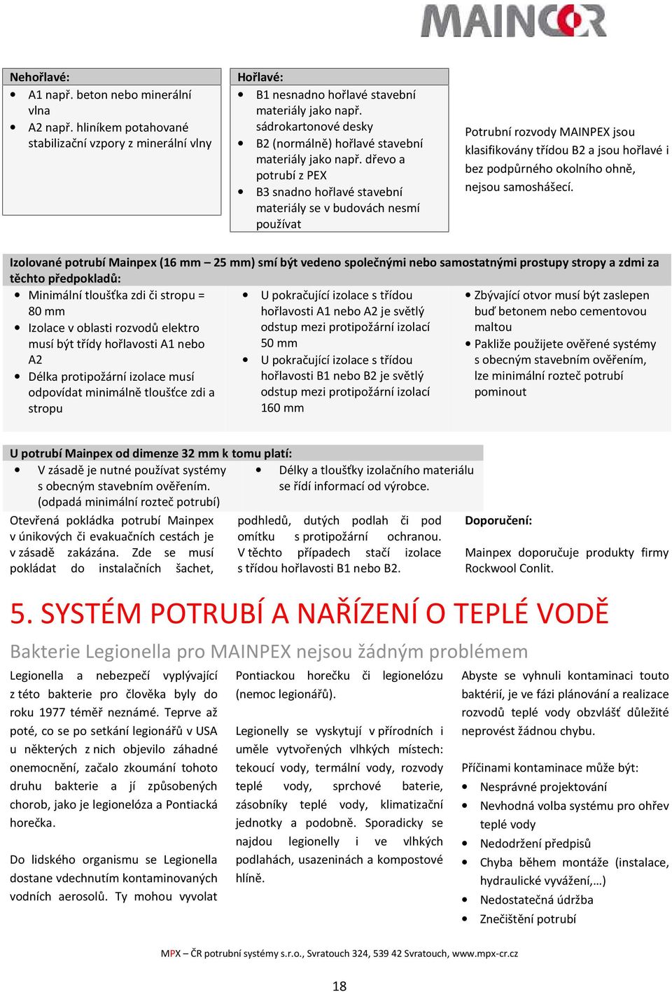 dřevo a potrubí z PEX B3 snadno hořlavé stavební materiály se v budovách nesmí používat Potrubní rozvody MAINPEX jsou klasifikovány třídou B2 a jsou hořlavé i bez podpůrného okolního ohně, nejsou