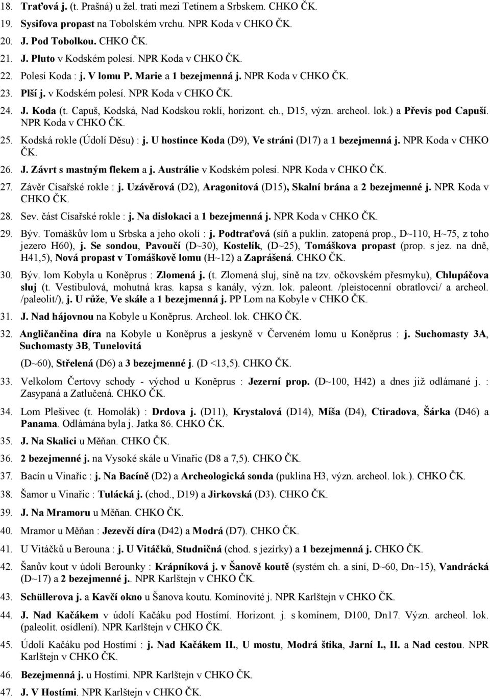 Capuš, Kodská, Nad Kodskou roklí, horizont. ch., D15, význ. archeol. lok.) a Převis pod Capuší. NPR Koda v CHKO ČK. 25. Kodská rokle (Údolí Děsu) : j.