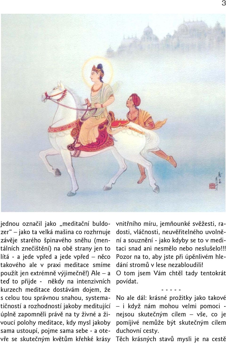 ) Ale a teď to přijde - někdy na intenzivních kurzech meditace dostávám dojem, že s celou tou správnou snahou, systematičností a rozhodností jakoby meditující úplně zapomněli právě na ty živné a