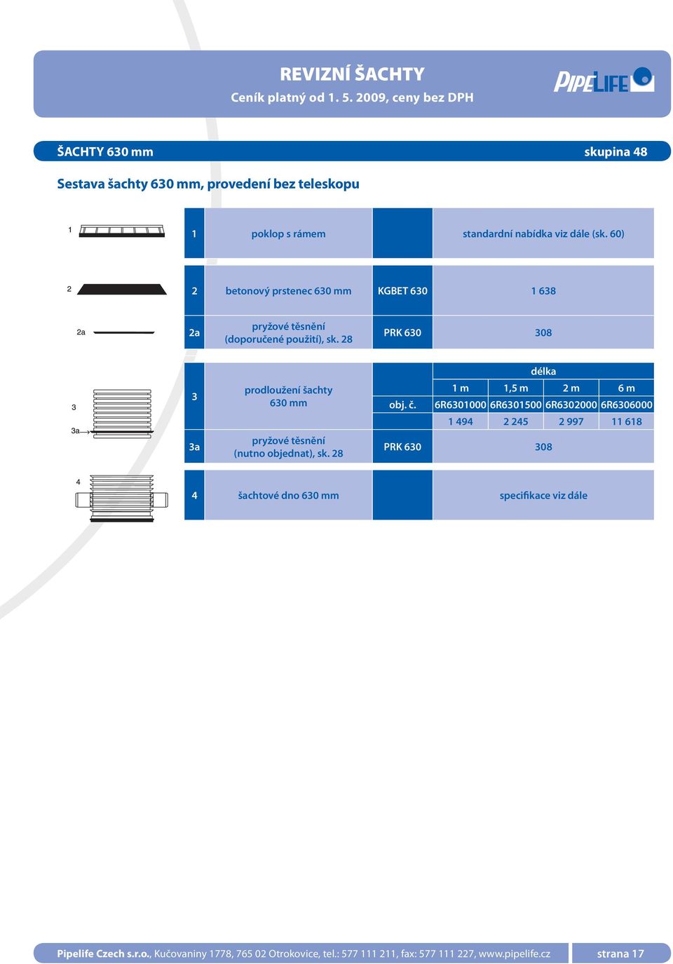 28 PRK 630 308 3 3a prodloužení šachty 630 mm pryžové těsnění (nutno objednat), sk. 28 délka 1 m 1,5 m 2 m 6 m obj. č.