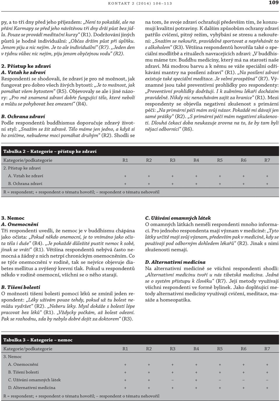 Přístup ke zdraví A. Vztah ke zdraví Respondenti se shodovali, že zdraví je pro ně možnost, jak fungovat pro dobro všech živých bytostí: Je to možnost, jak pomáhat všem bytostem (R5).