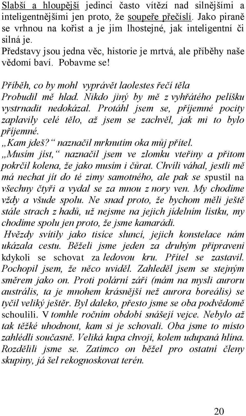 Nikdo jiný by mě z vyhřátého pelíšku vystrnadit nedokázal. Protáhl jsem se, příjemné pocity zaplavily celé tělo, aţ jsem se zachvěl, jak mi to bylo příjemné. Kam jdeš?