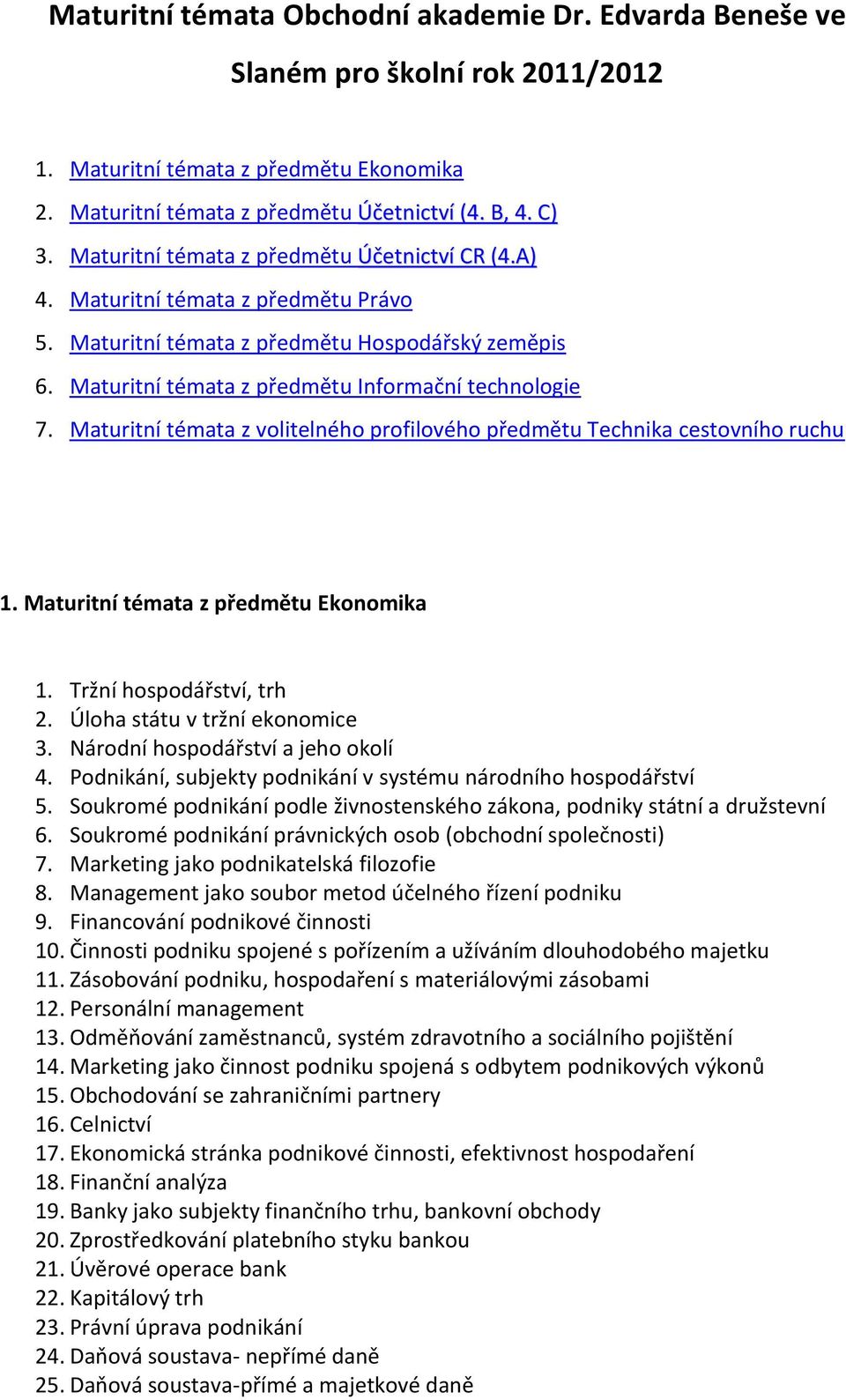 Maturitní témata z volitelného profilového předmětu Technika cestovního ruchu 1. Maturitní témata z předmětu Ekonomika 1. Tržní hospodářství, trh 2. Úloha státu v tržní ekonomice 3.